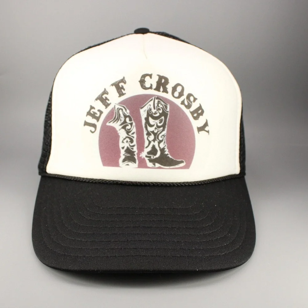 VINTAGE Jeff Crosby Hat‎ Cap Foam Snapback Trucker Black White Country Rock